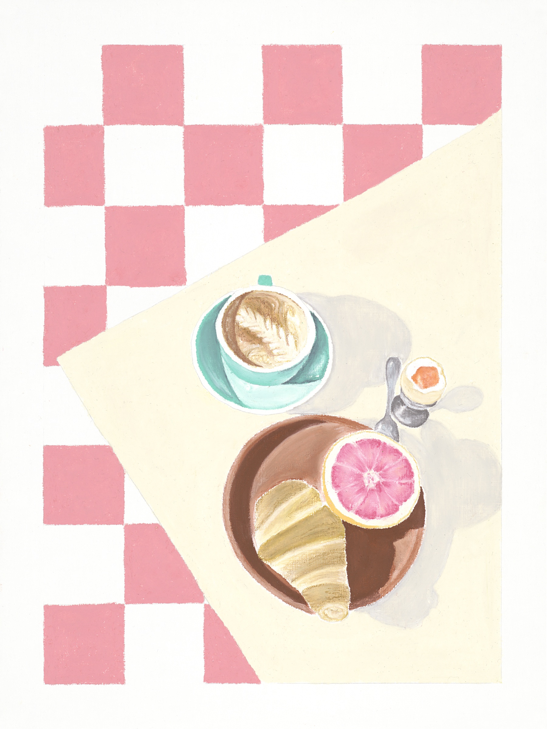 Ölpastellbild Frühstück mit Grapefruit, Croissant und Ei von Laura Nederkorn