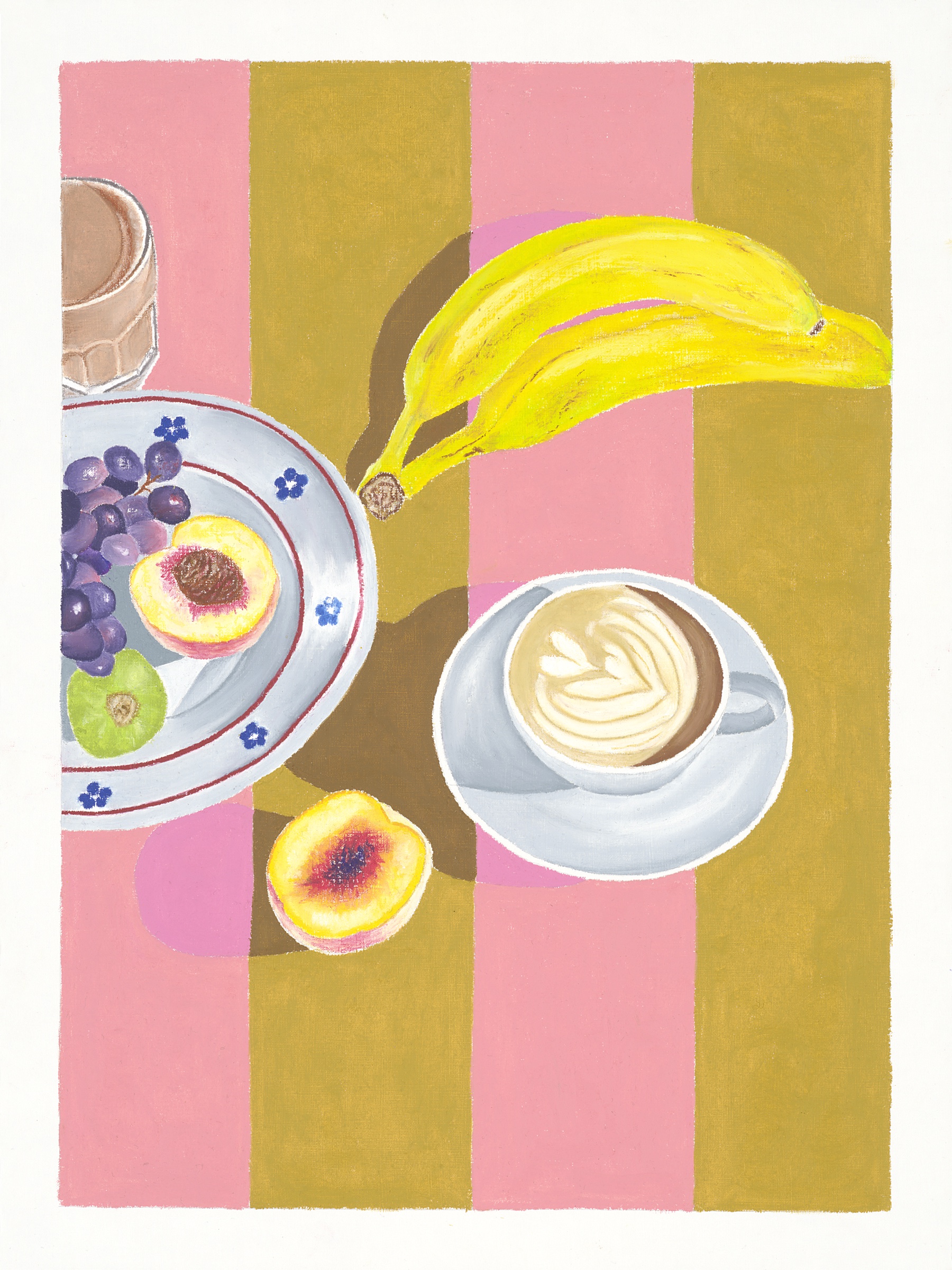 Ölpastellbild Stillleben mit Kaffee, Banane und Obst von Laura Nederkorn